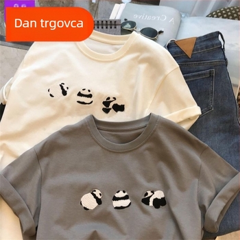 Pamukasta majica s panda printom, široka silueta, okrugli izrez, kratkih rukava