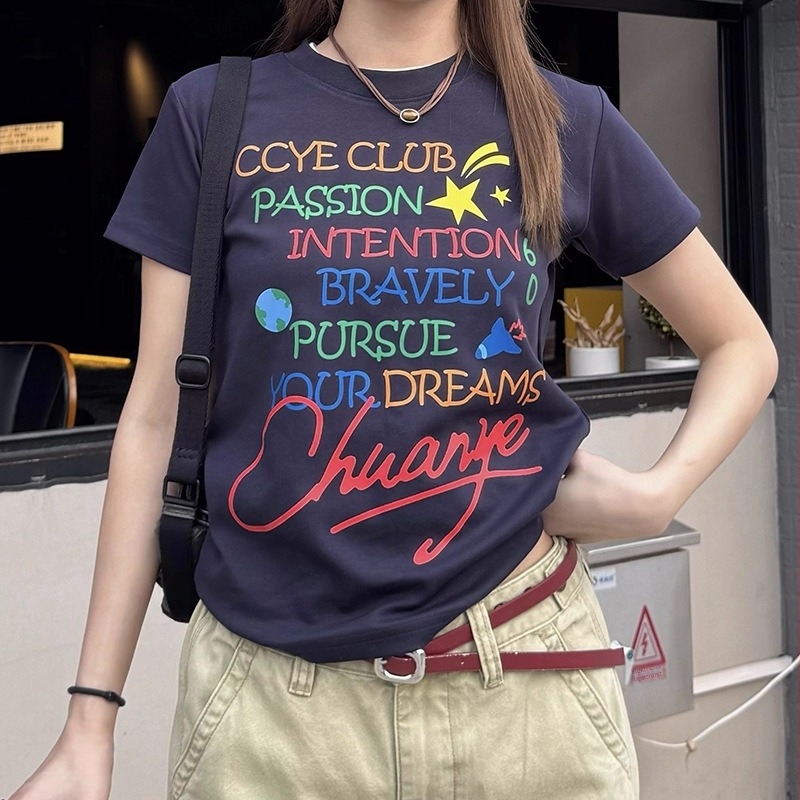 Ženski pamuk T-shirt s printom slova, kratkim rukavima, okruglim izrezom