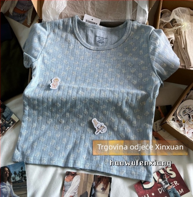 Pamučna majica s okruglim izrezom, kratki rukavi, fakultetski stil, ljeto 2024