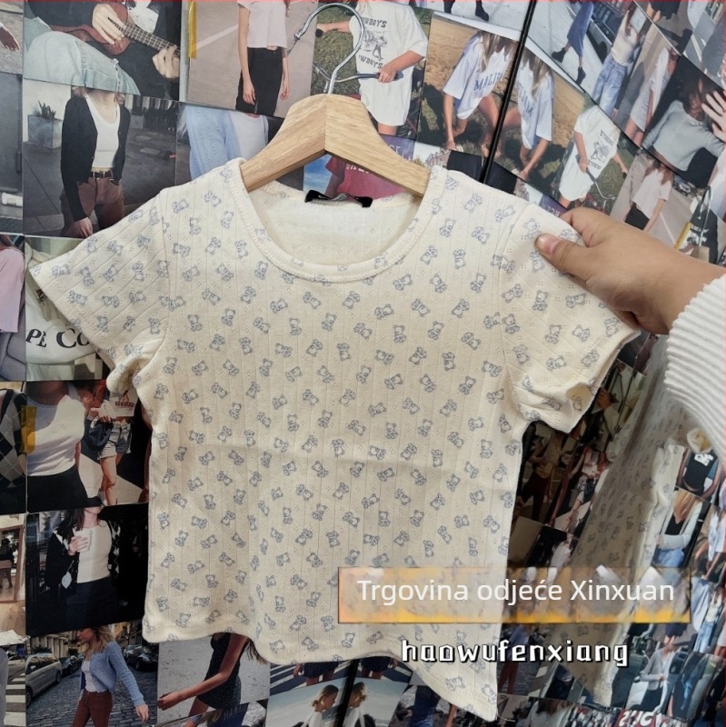 Pamučna majica s okruglim izrezom, kratki rukavi, fakultetski stil, ljeto 2024