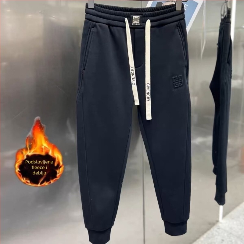 Muške zimske trenirke hlače s fleece podstavom — srednji pojas, vezanje na struku, uski kroj s manžetama na gležnjevima