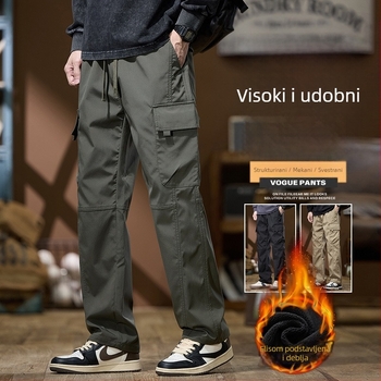 Muške hlače s flisom, udoban slobodan kroj, ravni kroj, srednji porast, s remenom, sportsko-casual