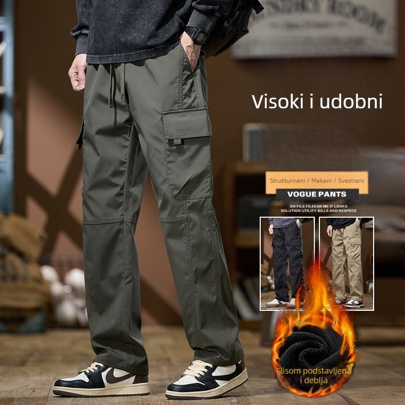 Muške hlače s flisom, udoban slobodan kroj, ravni kroj, srednji porast, s remenom, sportsko-casual