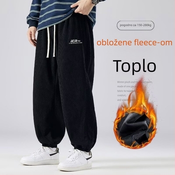 Muške flis hlače za zimu (zimu, ravni kroj, srednja visina struka, vezanje vrpce), casual hlače