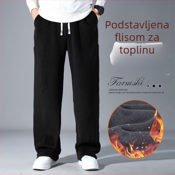 Muške sportske hlače s flisom, visokim pojasom, vezanjem na šnuru, ravni kroj, zimske, plus veličina