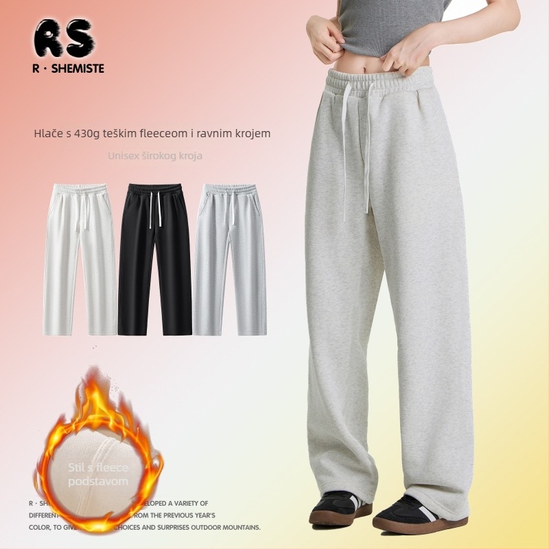 RS muške pamučne hlače s flis podstavom, široki kroj, šnura za struk, visok pas