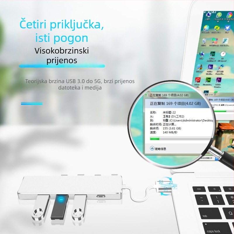 USB 3.0 OTG hub s četiri porta, brzina prijenosa 5 Gbps, napajanje putem USB (bez vanjskog napajanja)