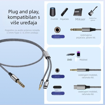 Audio kabel 6,5 mm na 3,5 mm za mikrofon, slušalice, mixer, pojačalo i električnu gitaru