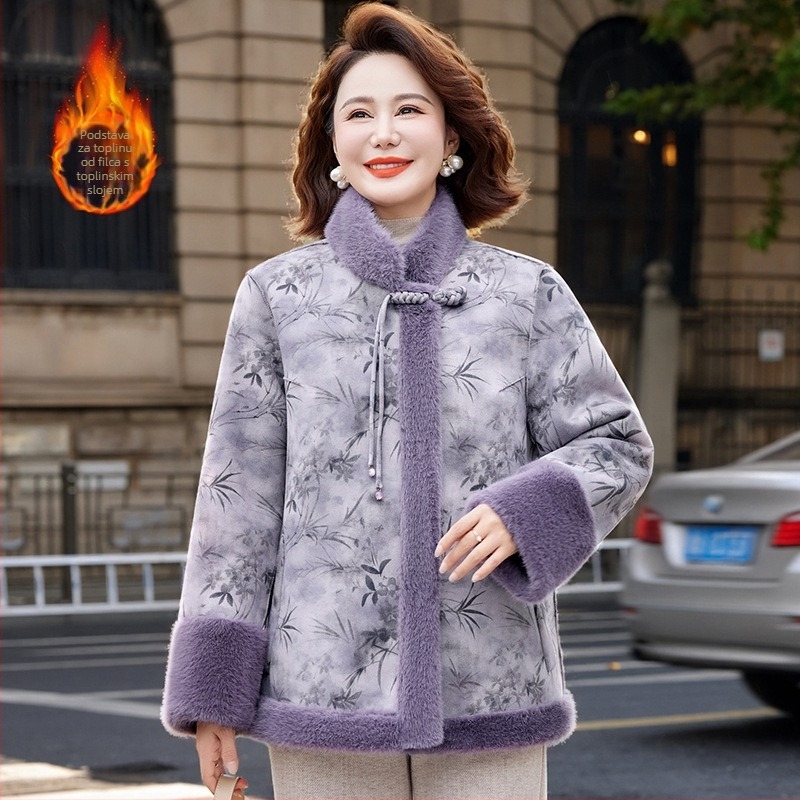 Jakna od pamuka s Mink Velvet podstavom, kineskog stila, stojeći ovratnik, zip prednji, kratka, opuštenog kroja