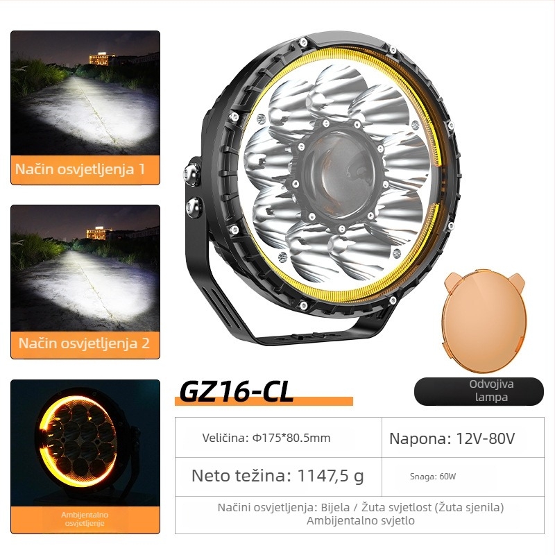 Harley stil motociklističko prednje svjetlo s retro dizajnom i uklonjivim sjenilom lampe (12-80V, 60W, 4000lm, aluminijsko kućište, IP65)