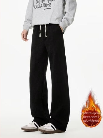 Muške corduroy casual hlače, fleece-izolirane za zimu, labavi ravni kroj, srednji pojas