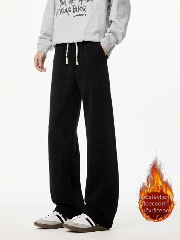 Muške corduroy casual hlače, fleece-izolirane za zimu, labavi ravni kroj, srednji pojas