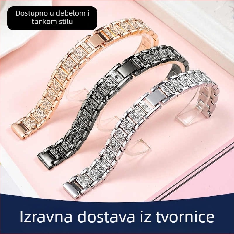 Metalni kaiš za sat s tri bisera i potpuno dijamantnim dizajnom, kompatibilan s Apple Watch S10 i Huawei GT345, 50 g, širina 14/20 mm, kopča snap.