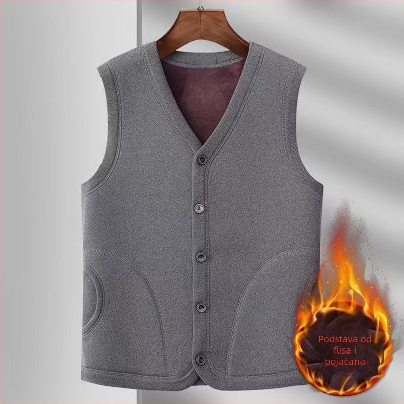 Jesenska pamučna vesta s fleceom i podstavom, V-izrez, jednostruko kopčanje, džepovi s patch detaljima