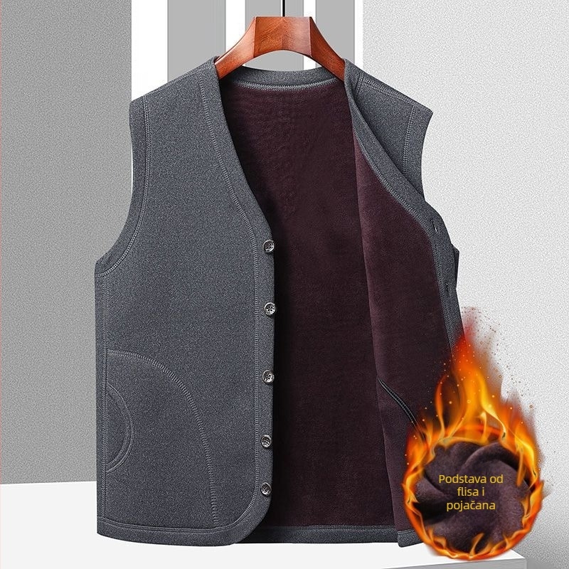 Jesenska pamučna vesta s fleceom i podstavom, V-izrez, jednostruko kopčanje, džepovi s patch detaljima