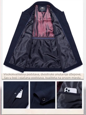 Muška jakna srednje duljine, rever s klasičnim ovratnikom, kopčanje na gumbe, dugi rukavi, svakodnevno, poliester