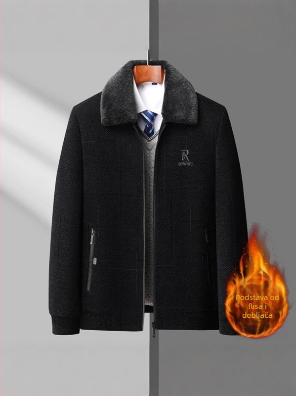 Muška Chenille jakna za starije muškarce s debelim fleece podstavom i kragnom od krzna, zip, zimsko vanjska odjeća; vanjski materijal 85% poliester, podstava 90% poliester
