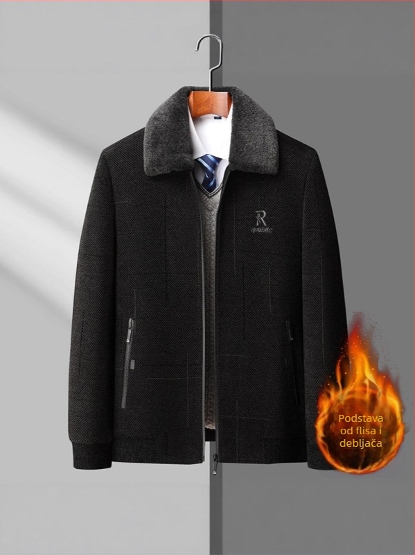Muška Chenille jakna za starije muškarce s debelim fleece podstavom i kragnom od krzna, zip, zimsko vanjska odjeća; vanjski materijal 85% poliester, podstava 90% poliester