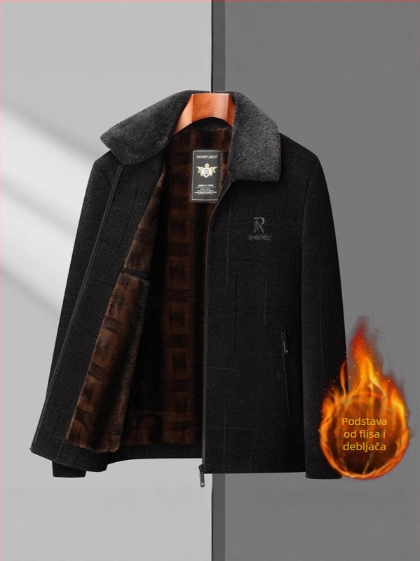 Muška Chenille jakna za starije muškarce s debelim fleece podstavom i kragnom od krzna, zip, zimsko vanjska odjeća; vanjski materijal 85% poliester, podstava 90% poliester