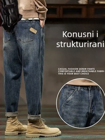 Muške traperice, 65% pamuk denim, srednji pojas, vintage pranje, ukrasni džepovi, zip zatvarač
