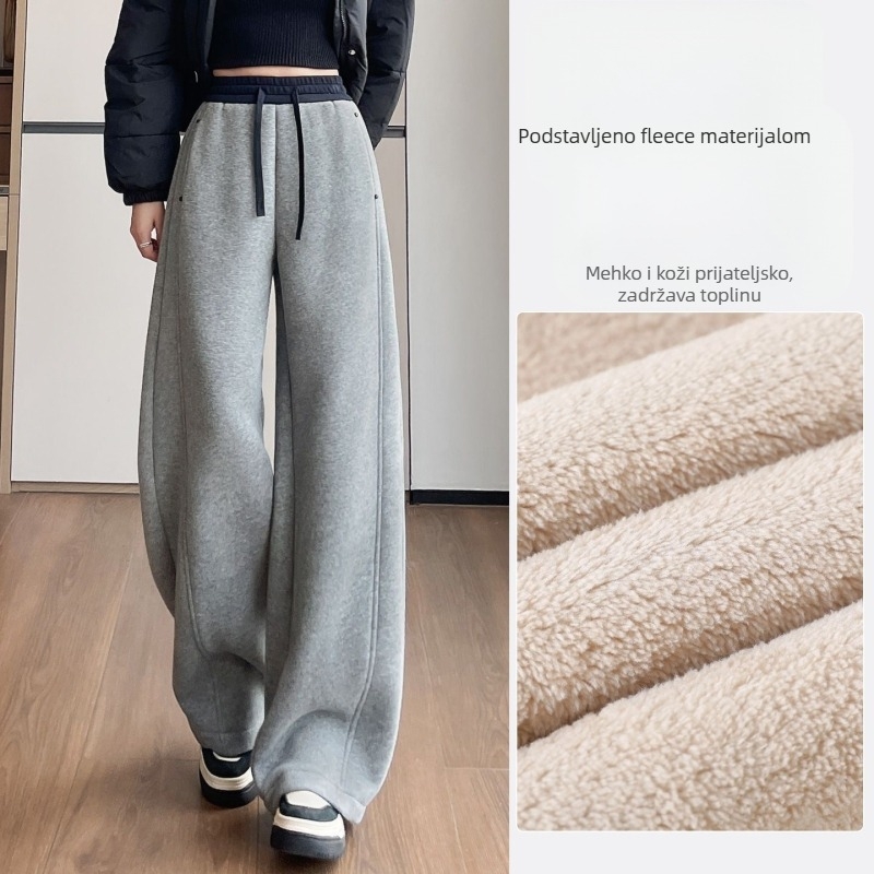 Ženske široke hlače s visokim strukom, fleece podstava, džepovi, vuneno-sintetička smjesa 70–80% u tkanini