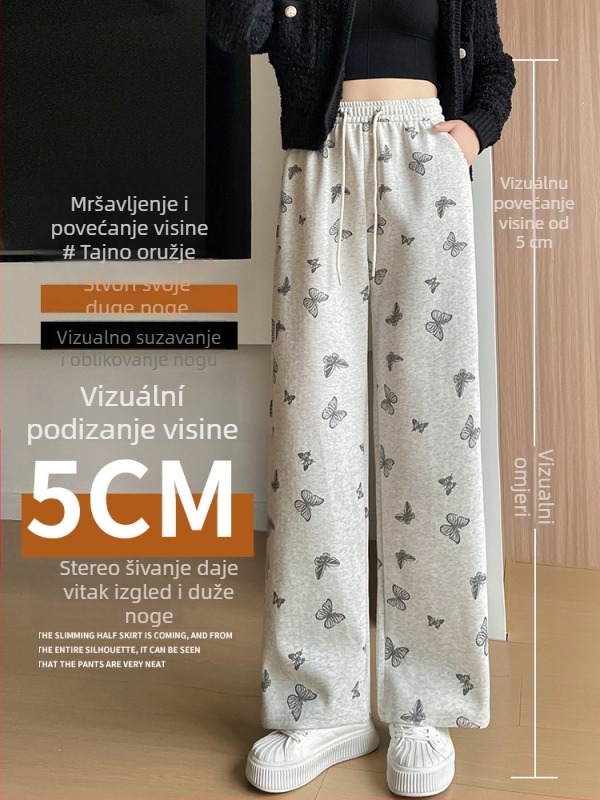 Casual hlače – visok pas, ravni kroj, dugačke, s printom leptirovog čvora i cvjetnim uzorkom (50-70% viskoza; spandeks)
