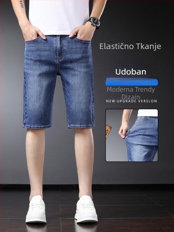 Muške elastične traper kratke hlače - straight kroj, srednji pojas, zatvarač, kamen pranje