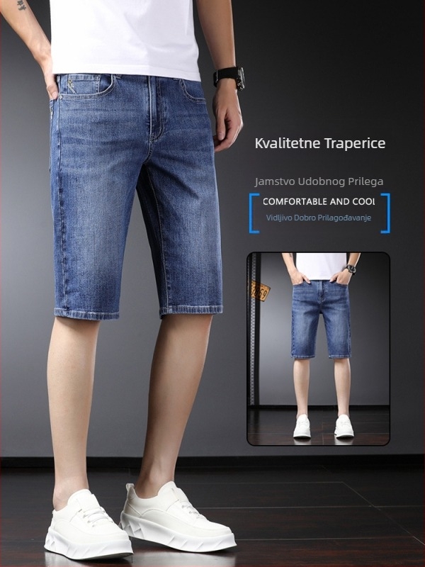 Muške elastične traper kratke hlače - straight kroj, srednji pojas, zatvarač, kamen pranje