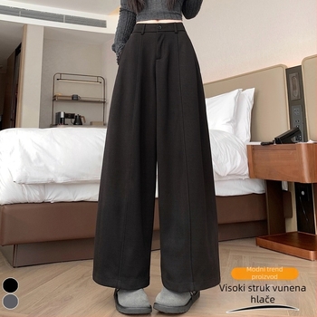 Ženske casual hlače visokog struka, ravni kroj, vuneni materijal, japansko-korejski casual stil