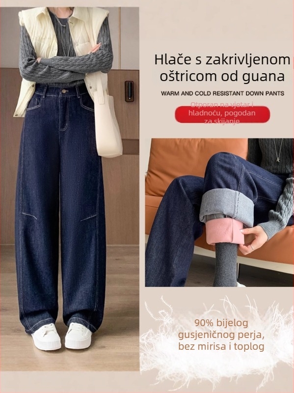 Ženske hlače s downom za zimu, debele, ravni kroj, visoki struk, punilo od bijelog patka downa 80–90%