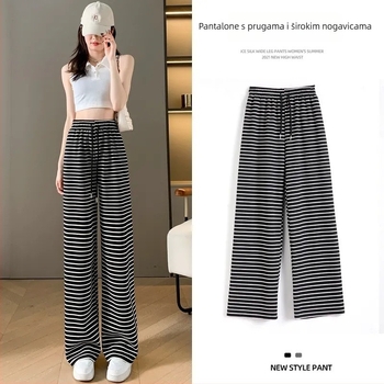 Ženske hlače s visokim strukom od mliječne svile, ravne i široke nogavice, opuštena silueta, potiskani materijal, proljeće 2024.