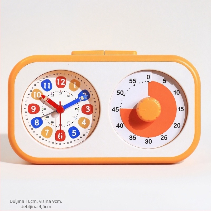 Alarmni sat s vizualnim tajmerom za djecu i učenike; napaja se baterijom; analogni prikaz s kazaljkama i brojevima; glatko kretanje sekunde; ABS kućište; PVC brojčanik
