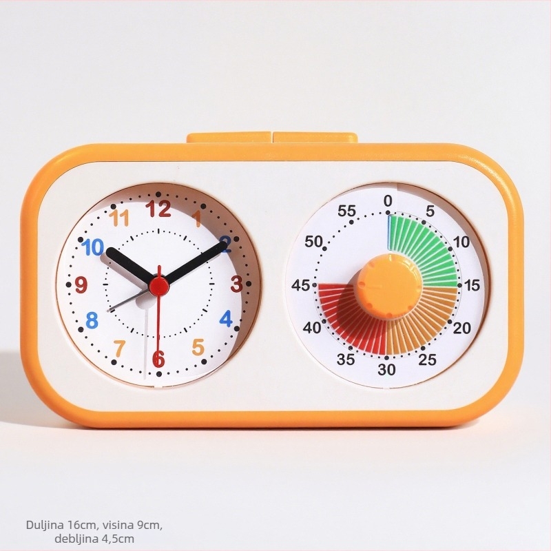 Alarmni sat s vizualnim tajmerom za djecu i učenike; napaja se baterijom; analogni prikaz s kazaljkama i brojevima; glatko kretanje sekunde; ABS kućište; PVC brojčanik