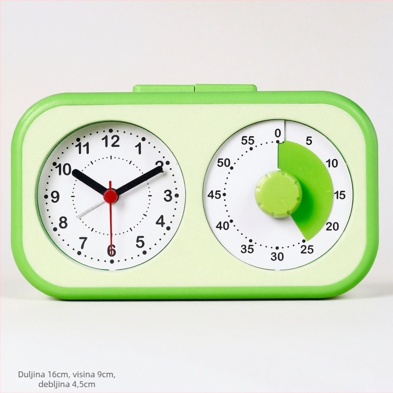 Alarmni sat s vizualnim tajmerom za djecu i učenike; napaja se baterijom; analogni prikaz s kazaljkama i brojevima; glatko kretanje sekunde; ABS kućište; PVC brojčanik