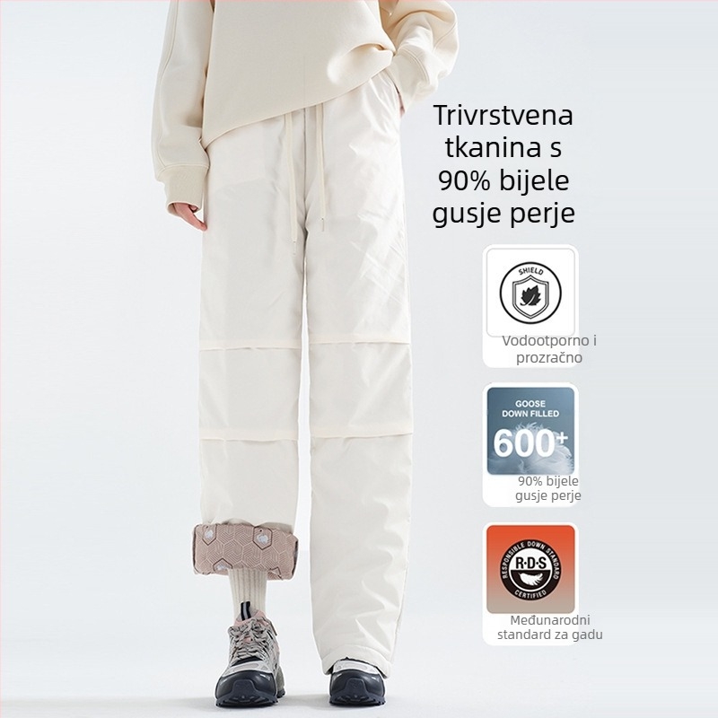 Ženske zimske hlače s perjem, ravni kroj, visokim strukom, napunjene 80–90% perjem patke, glavni materijal poliester 95%+ (Zimski model 2025)
