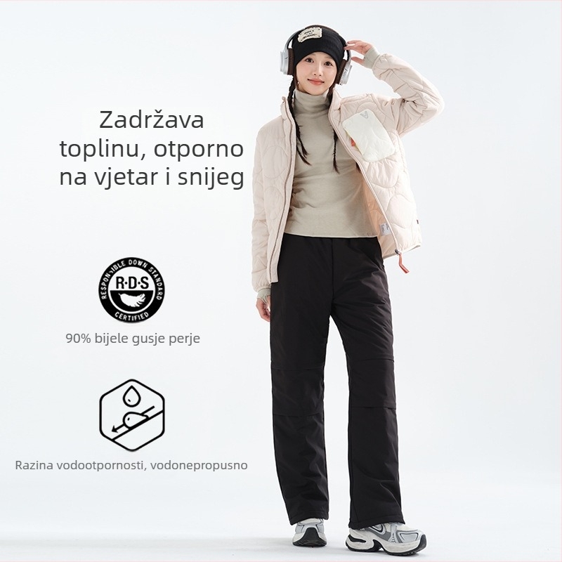 Ženske zimske hlače s perjem, ravni kroj, visokim strukom, napunjene 80–90% perjem patke, glavni materijal poliester 95%+ (Zimski model 2025)