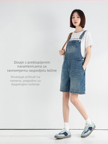 Trudnički denim kombinezon, korejski stil, slobodan kroj, hlače s pet duljina, pamuk 70–80%, ljeto 2025