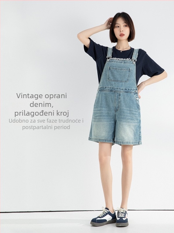 Trudnički denim kombinezon, korejski stil, slobodan kroj, hlače s pet duljina, pamuk 70–80%, ljeto 2025