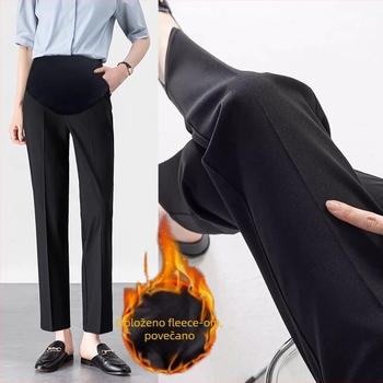 Uredske trudničke hlače – slobodan kroj, visokim strukom, podržavaju abdomen; mješavina najlona i spandexa (50–70% najlona, <30% spandexa), flis podstava, jesen–zima 2025