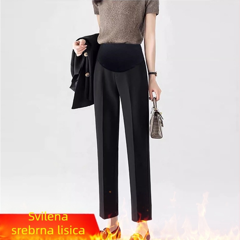 Uredske trudničke hlače – slobodan kroj, visokim strukom, podržavaju abdomen; mješavina najlona i spandexa (50–70% najlona, <30% spandexa), flis podstava, jesen–zima 2025