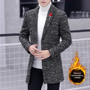 Muški trench kaput srednje duljine, slim fit, jednostruko kopčanje, ovratnik u stilu sakoa, smjesa poliestera