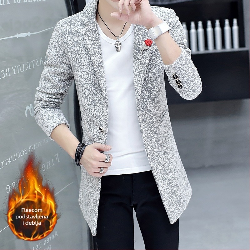 Muški trench kaput srednje duljine, slim fit, jednostruko kopčanje, ovratnik u stilu sakoa, smjesa poliestera