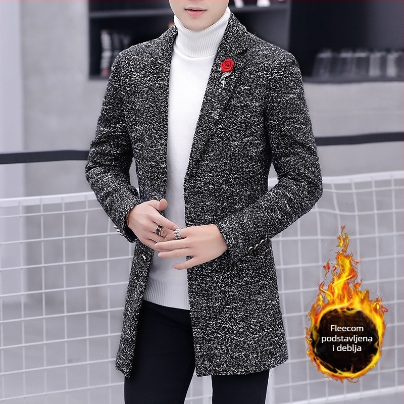 Muški trench kaput srednje duljine, slim fit, jednostruko kopčanje, ovratnik u stilu sakoa, smjesa poliestera