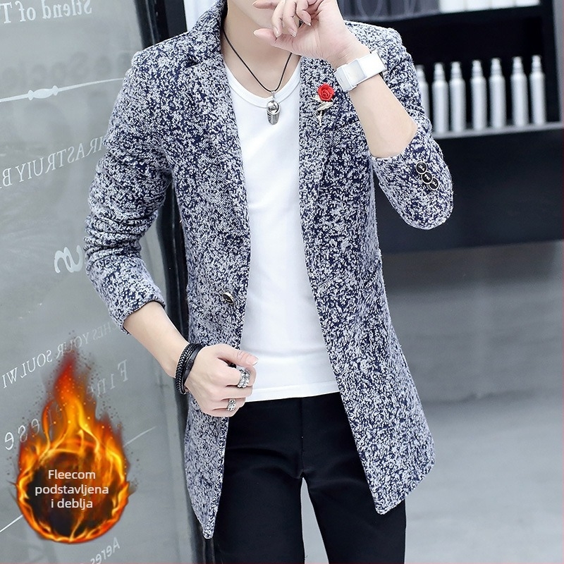 Muški trench kaput srednje duljine, slim fit, jednostruko kopčanje, ovratnik u stilu sakoa, smjesa poliestera