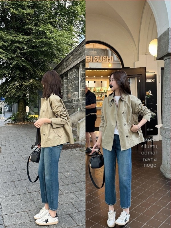 Windbreaker jakna od twill pamuka s unutarnjim šniranjem u struku, slobodan kroj, rever, dugi rukavi, jesen 2025, casual japansko-korejski stil