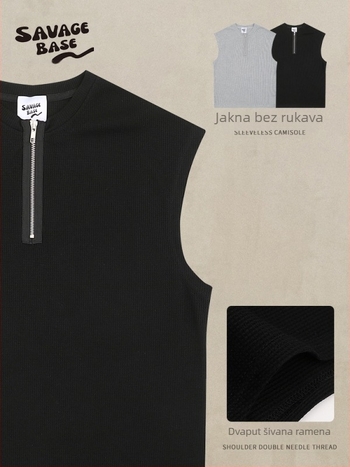 Majica bez rukava s vafl teksturom, blag kroj, poluzip, 65% poliester, Ljeto 2025