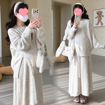 Trudnički jesensko-zimski pleteni set: top s dugim rukavima i kratka suknja, Air Cotton Knit, 100% pamuk
