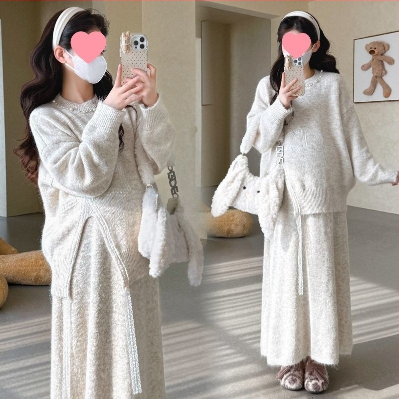 Trudnički jesensko-zimski pleteni set: top s dugim rukavima i kratka suknja, Air Cotton Knit, 100% pamuk