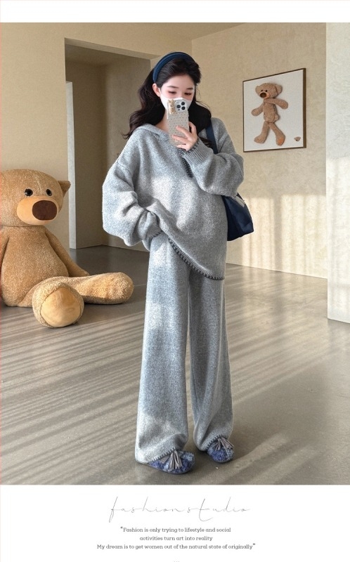 Trudnički dvodijelni set: korejski hoodie udoban pleteni top i široke hlače, akrilna vlakna, spandeks 30–50%, jesen 2025
