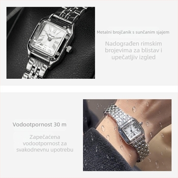 Ženski sat s kvadratnim brojčanikom, kvarcni mehanizam, model T002, promjer brojčanika 22 mm, debljina 7 mm, vodootpornost 30 m